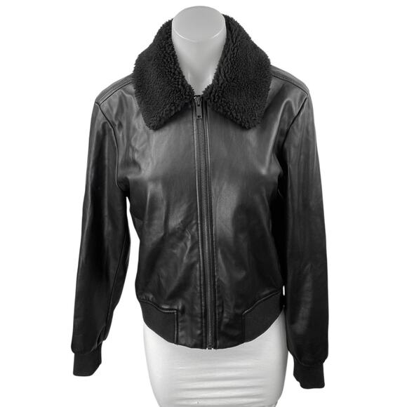 Gap Women's Black Faux Vegan Leather Sherpa Collar Full Zip Coat Jacket Size XS - Picture 1 of 3